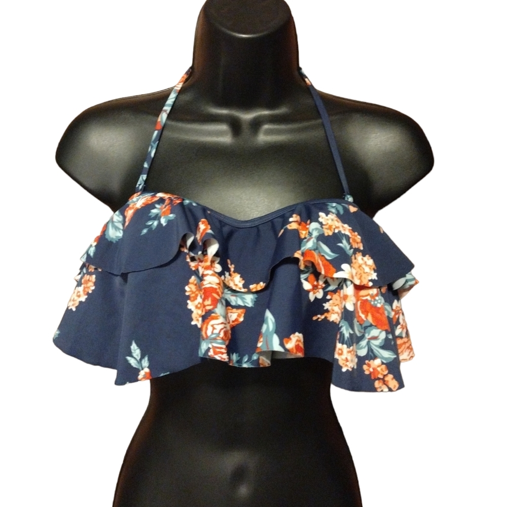 Nwot Cocoship Navy Blue with Red Floral Ruffled Swimsuit Top